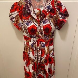 Red and White Puff Sleeve Midi Sundress